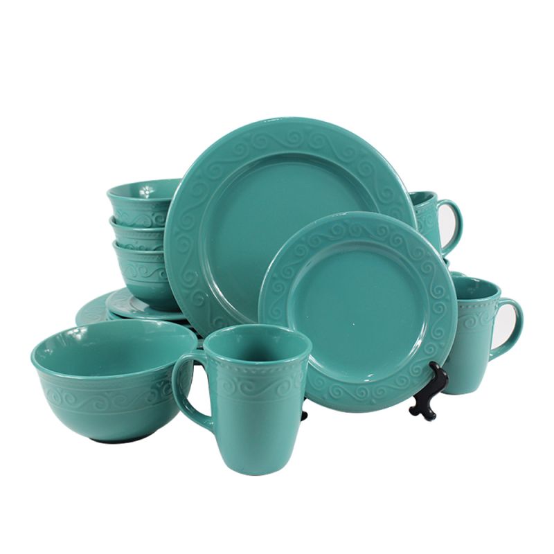 Competitive price Round blue dinnerware vaisselle bleue Decorated Stoneware Scallop Embossed Dish Set